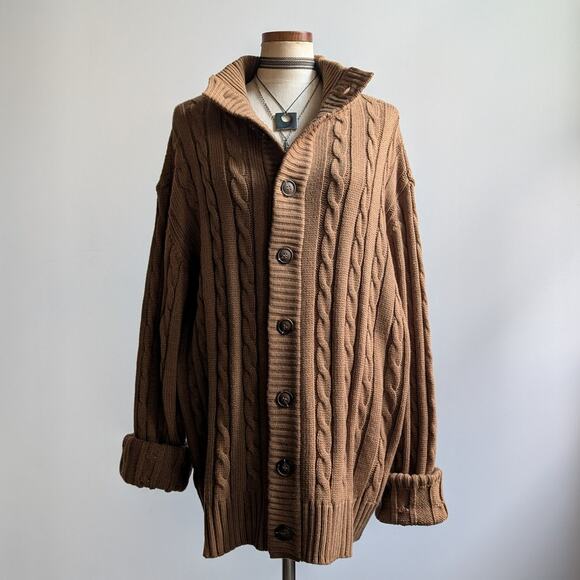 Vintage Brown Cable Knit Cardigan Chunky Grandpa Cosby Sweater Minimalist XL - Picture 2 of 10